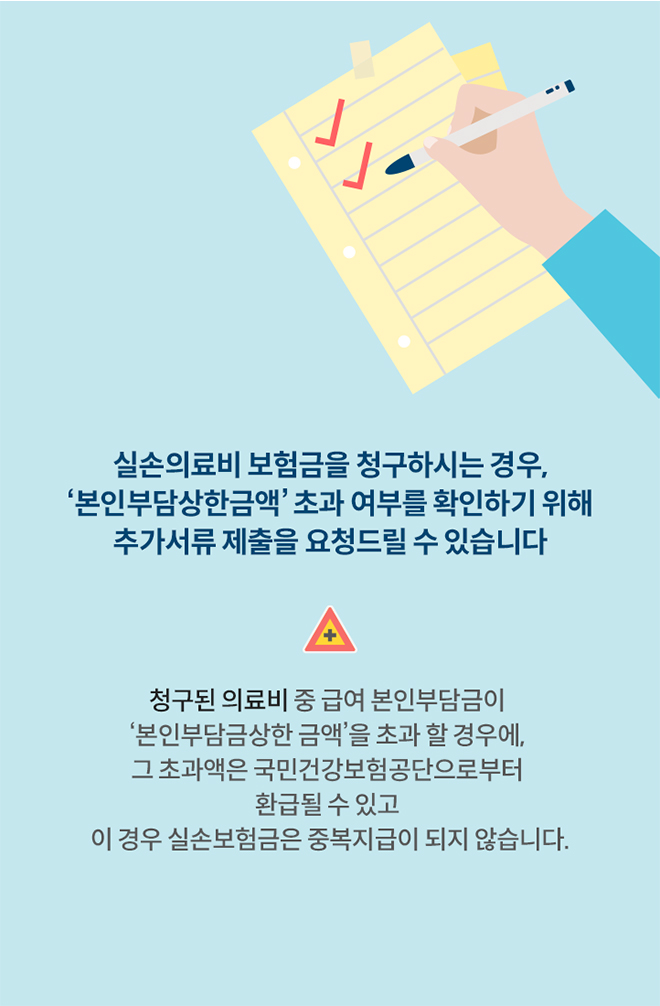 실손의료비 보험금을 청구하시는 경우,‘본인부담상한금액’ 초과 여부를 확인하기 위해 추가서류 제출을 요청드릴 수 있습니다
