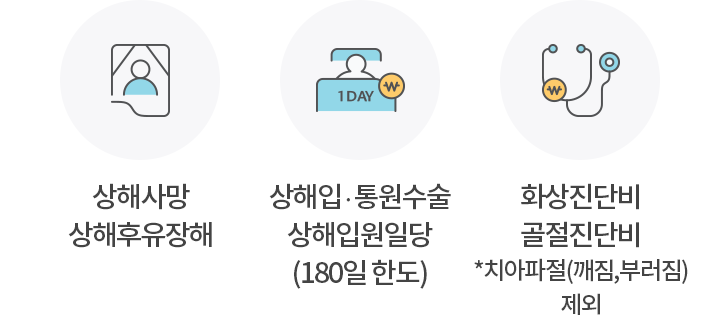 상해사망 상해후유장해, 상해입·통원수술 상해입원일당 (180일 한도), 화상진단비 골절진단비 *치아파절(깨짐,부러짐)제외