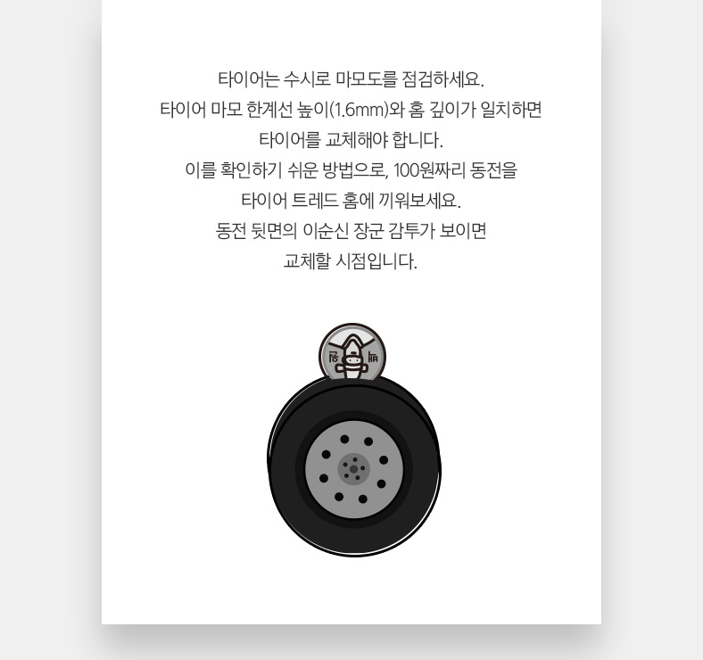 타이어는 수시로 마모도를 점검하세요. 타이어 마모 한계선 높이(1.6mm)와 홈 깊이가 일치하면 타이어를 교체해야 합니다. 이를 확인하기 쉬운 방법으로, 100원짜리 동전을 타이어 트레드 홈에 끼워보세요. 동전 뒷면의 이순신 장군 감투가 보이면 교체할 시점입니다.