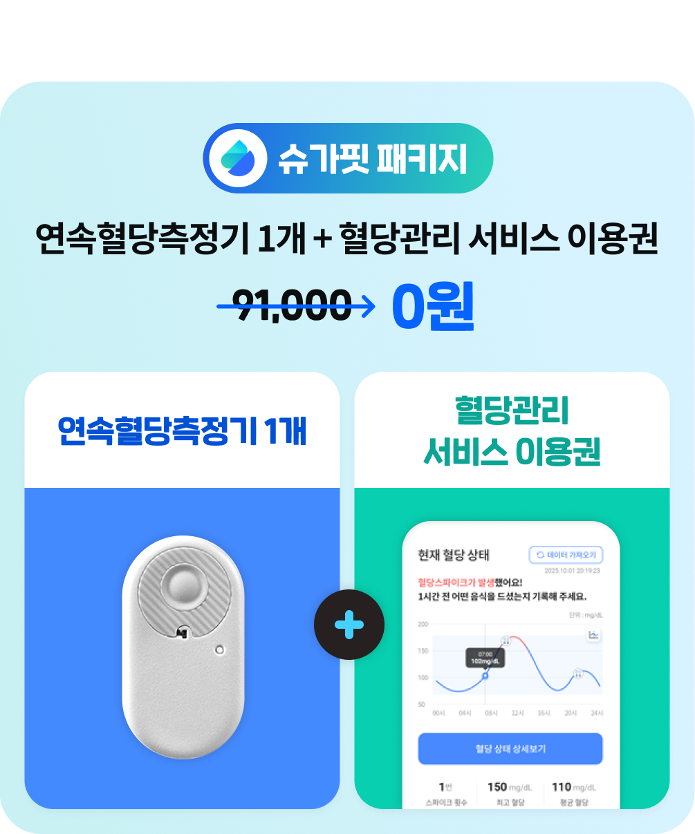 슈가핏 패키지: 연속혈당측정기 1개 + 혈당관리 서비스 이용권 = 0원
